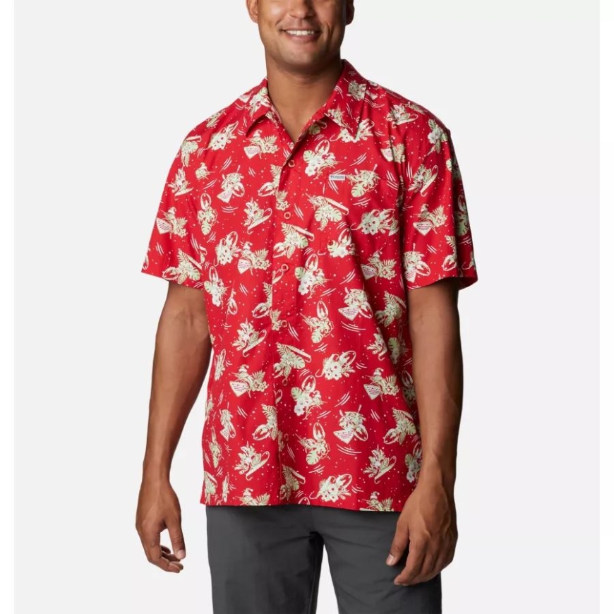 メンズ Pfg トローラーズ ベスト ショートスリーブ シャツ レッド スパーク ライト ミーアップ プリント コロンビア