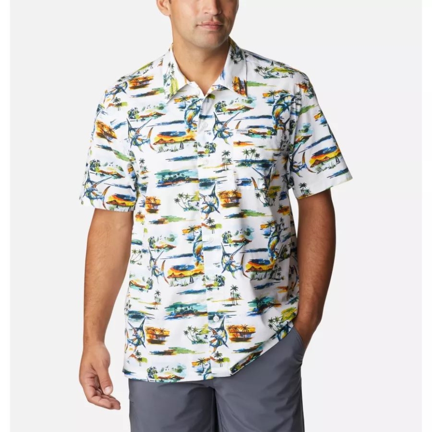 メンズ Pfg トローラーズ ベスト 半袖シャツ ホワイト 水彩 アイランドプリント コロンビア