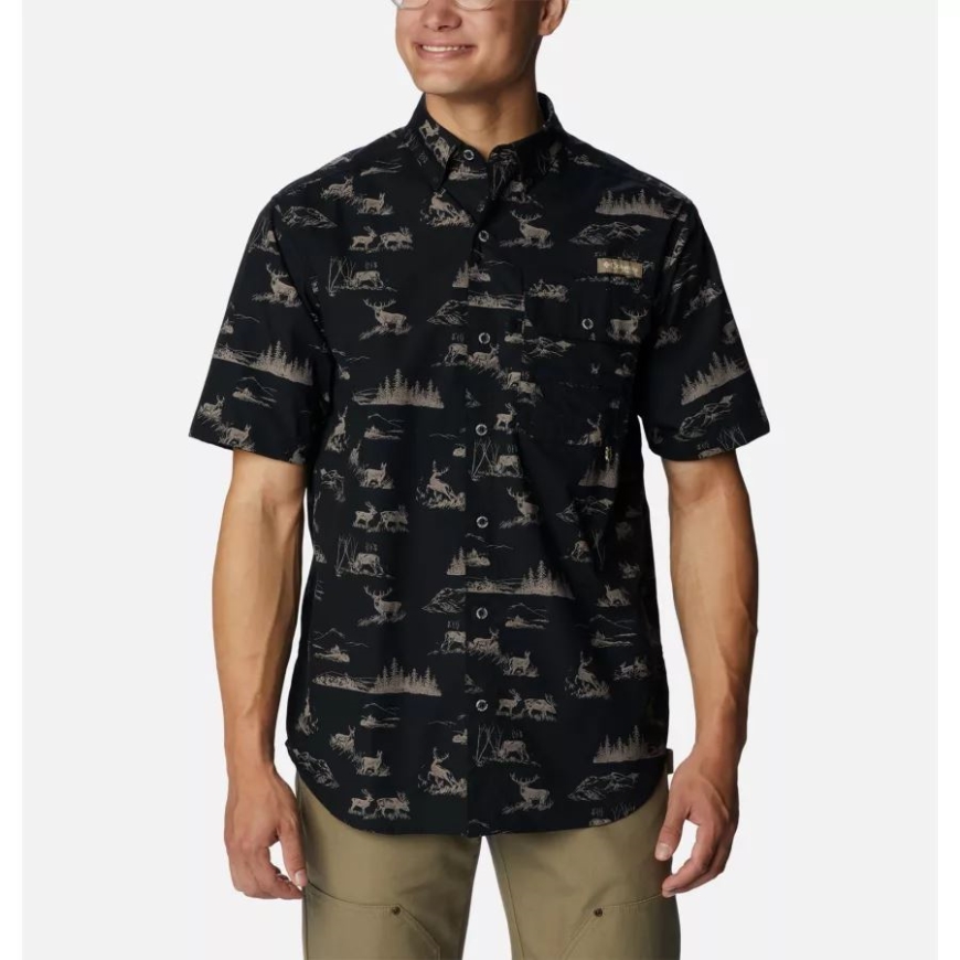 メンズ Phg スーパー シャープテール ショート スリーブ シャツ コロンビア ブラック ハイ カントリー プリント