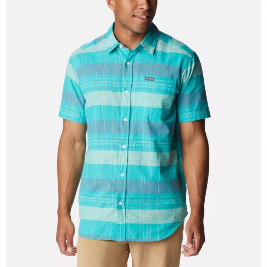 メンズラピッドリバーノベルティ半袖シャツコロンビアブライトアクアスキャッターストライプ