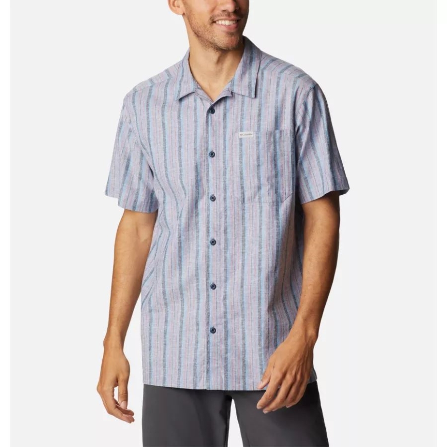 メンズ セージ スプリングス リネン ショート スリーブ シャツ コロンビア カレッジ ネイビー 散歩 ストライプ