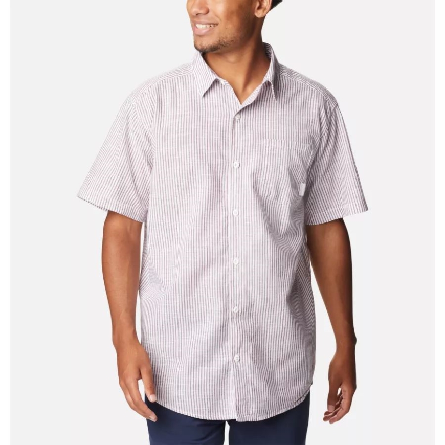 メンズ アンダーエクスポージャー Yd 半袖シャツ コロンビア レッドオニオン オックスフォードストライプ