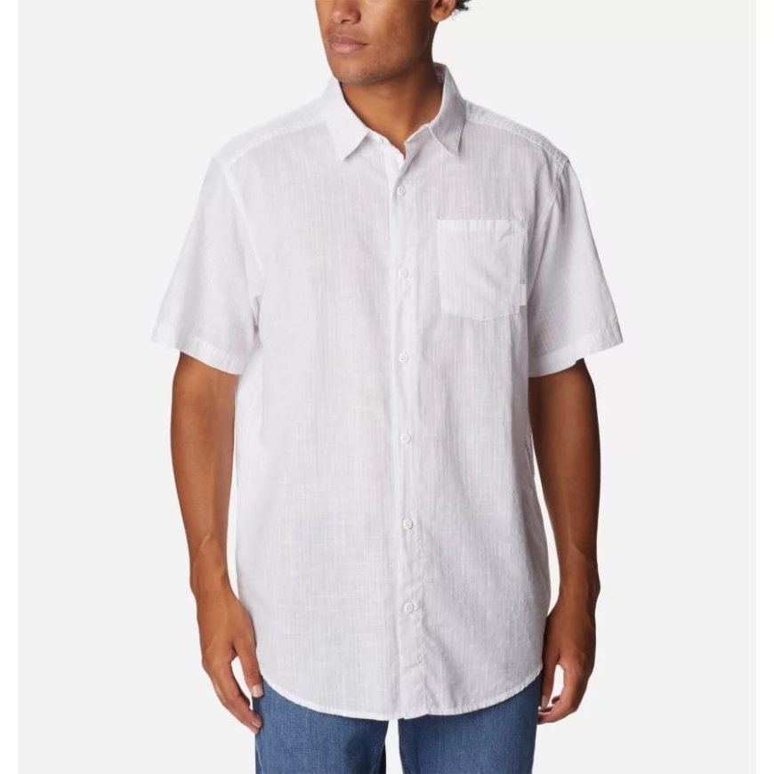 メンズアンダーエクスポージャー先染め半袖シャツコロンビアパープルティントオックスフォードストライプ