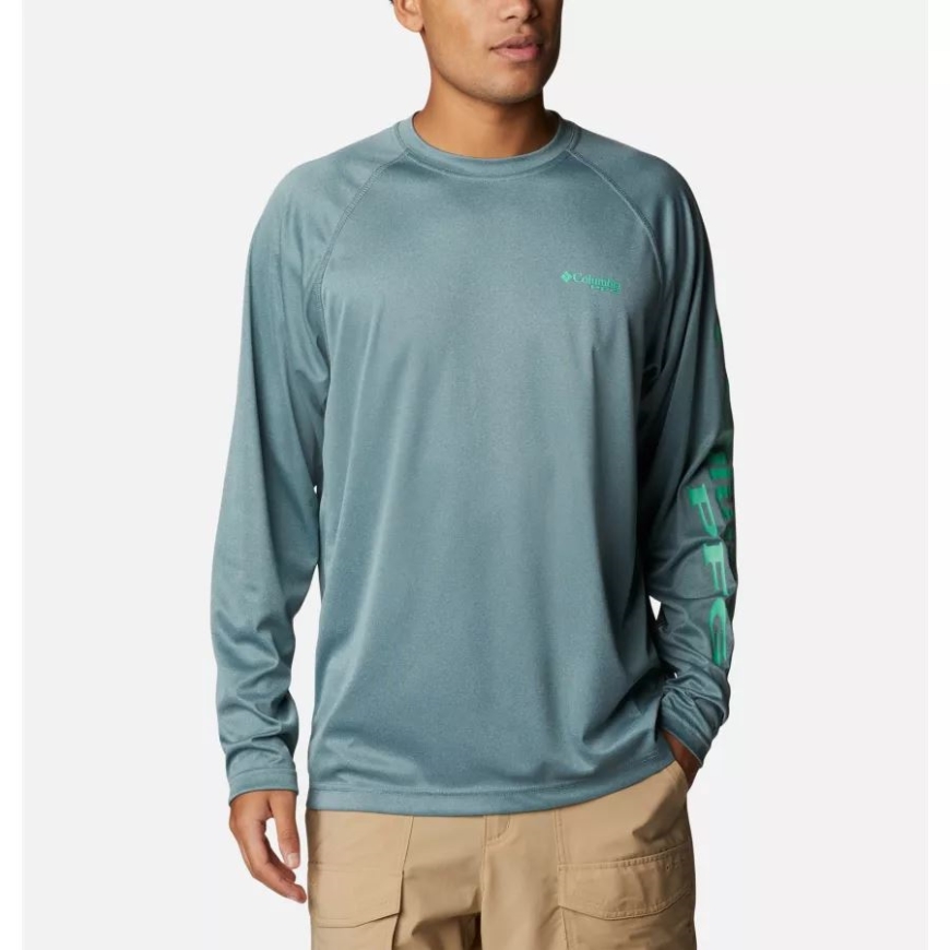 メタル ヘザー/ライト ジェイド ロゴ コロンビア メンズ Pfg ターミナル タックル ヘザー ロング スリーブ シャツ