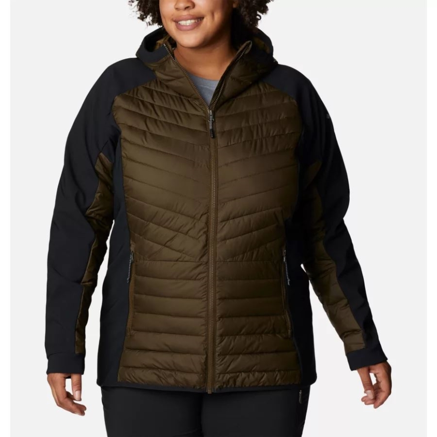 オリーブ グリーン/ブラック レディース パウダー ライト ハイブリッド フード付きジャケット プラス サイズ コロンビア