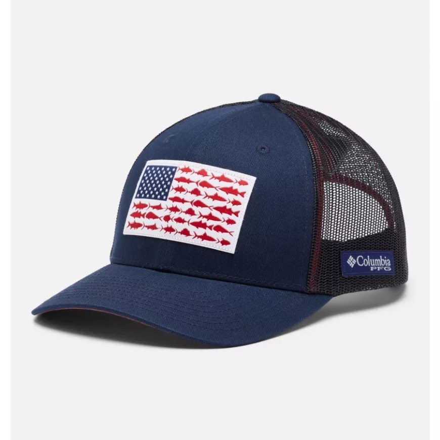 Pfg フィッシュ フラッグ メッシュ スナップバック ミッド クラウン カレッジエイト ネイビー/サンセット レッド コロンビア