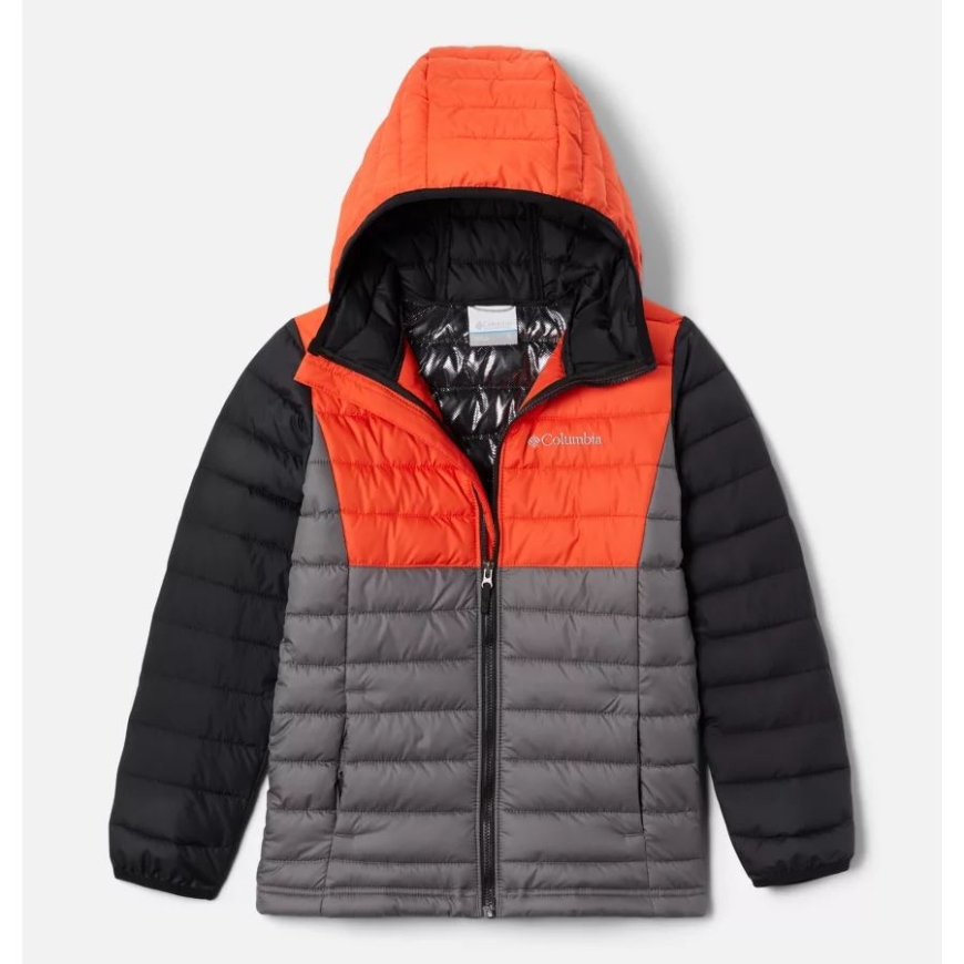 パウダー ライト ボーイズ フード付き断熱ジャケット コロンビア シティ グレー/レッド クォーツ/ブラック