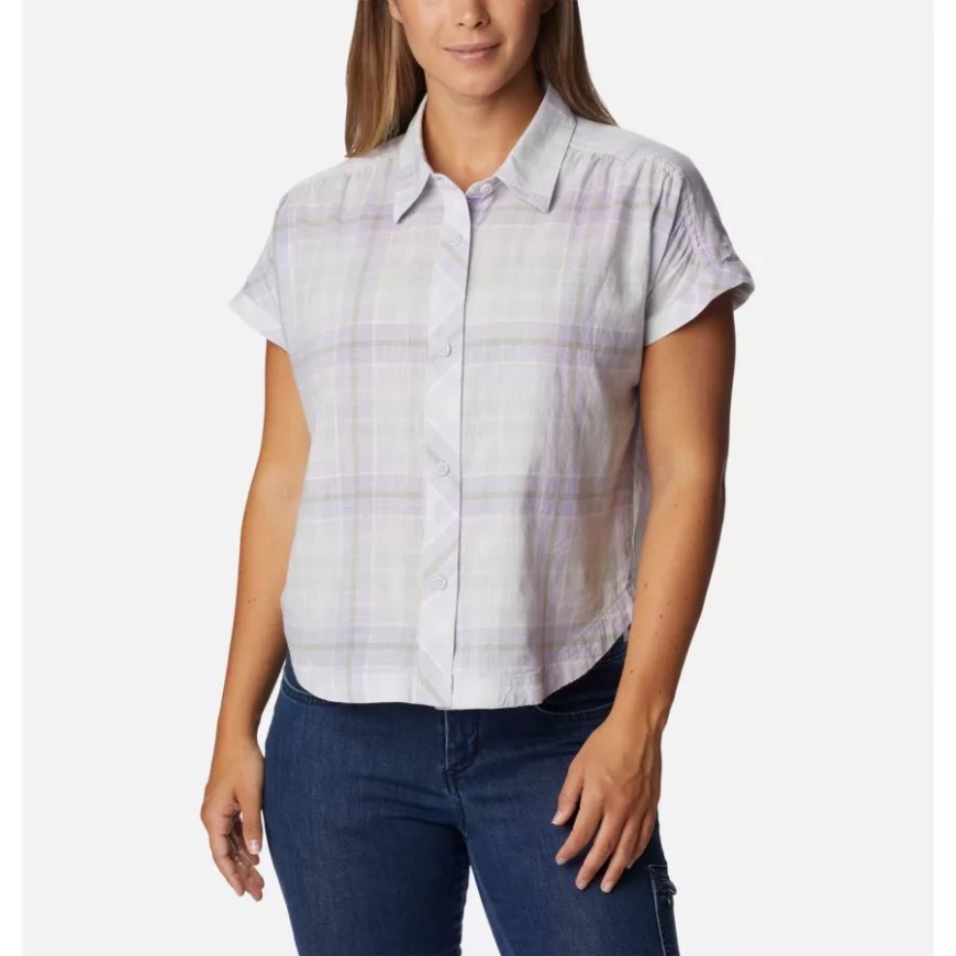 パープル ティント/マルチ チェック柄コロンビア レディース キャンプ ヘンリー 4 半袖シャツ