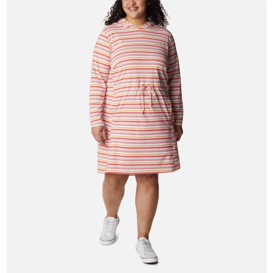 赤いハイビスカス気候変動ストライプ コロンビア女性のサン トレック フード付きカバーアップ プラス サイズ