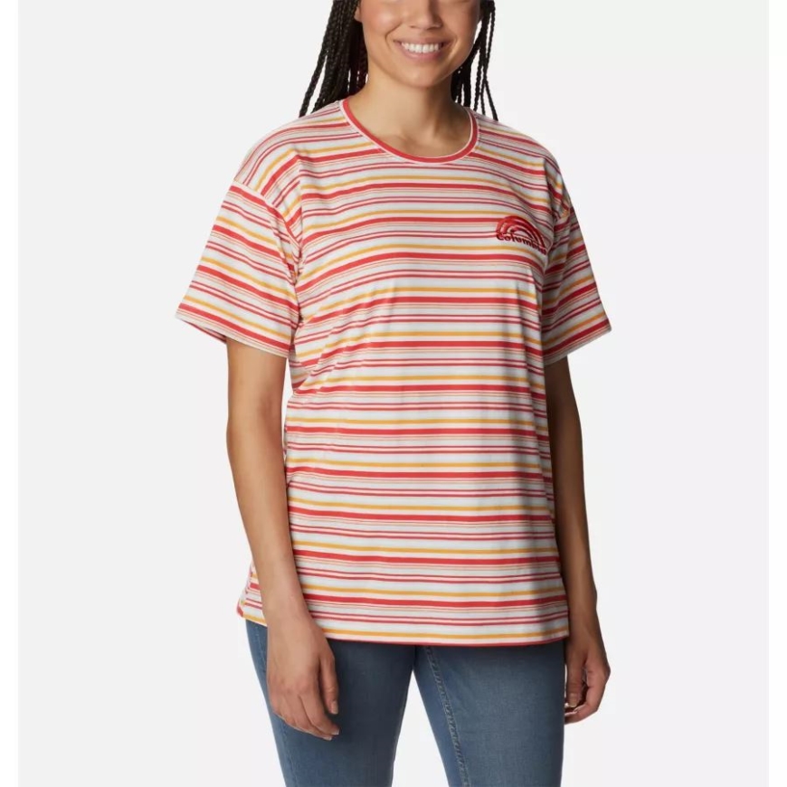 レッドハイビスカス気候変動ストライプレディースサントレック特大Tシャツコロンビア