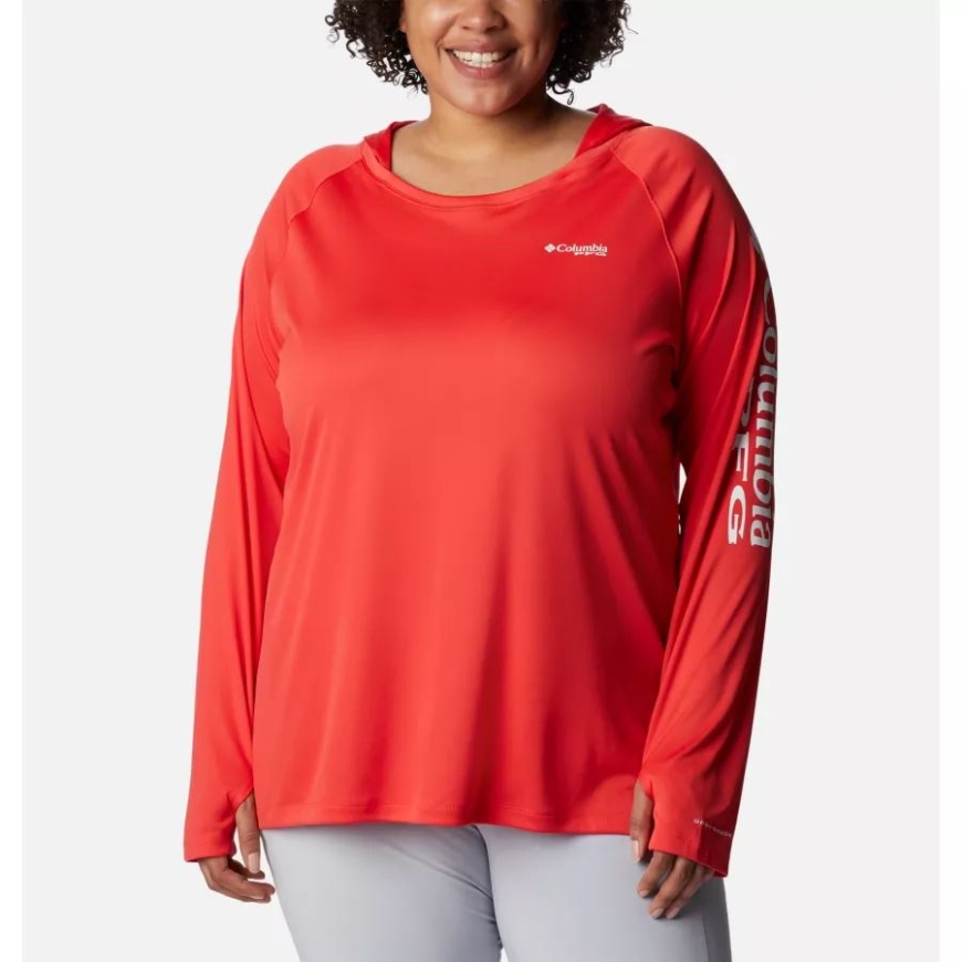 レッド ハイビスカス/ホワイト ロゴ コロンビア レディース Pfg タイダル ティー パーカー プラス サイズ