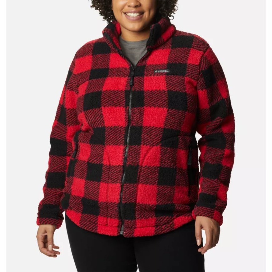 赤いユリ チェック プリント レディース ウエスト ベンド フル ジップ フリース ジャケット プラス サイズ コロンビア
