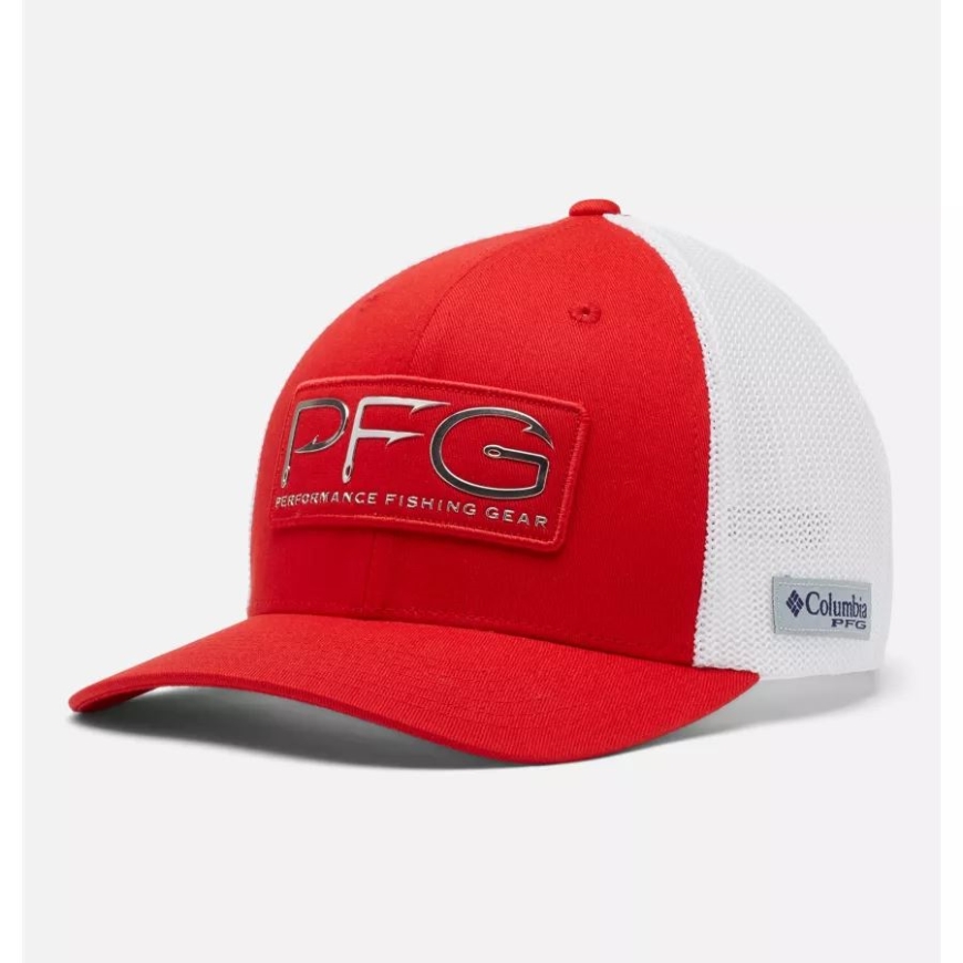 レッド スパーク/シルバー コロンビア PFG フック メッシュ ボール キャップ ハイ クラウン
