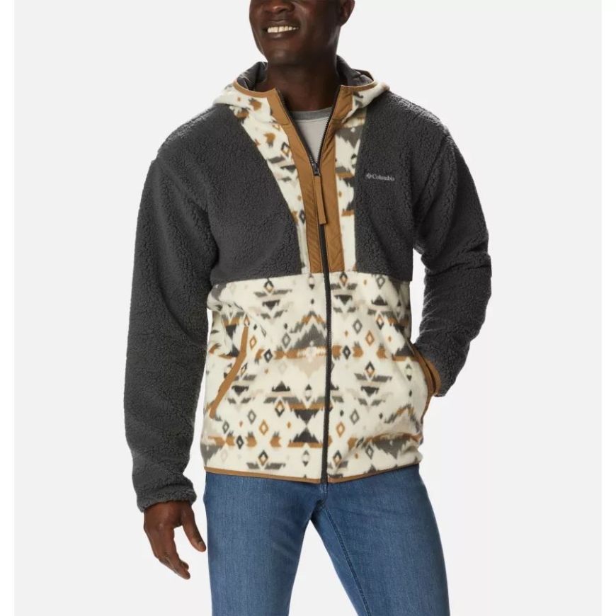 サメ/チョーク ロッキー Mtn プリント メンズ バック ボウル シェルパ フルジップ パーカー コロンビア