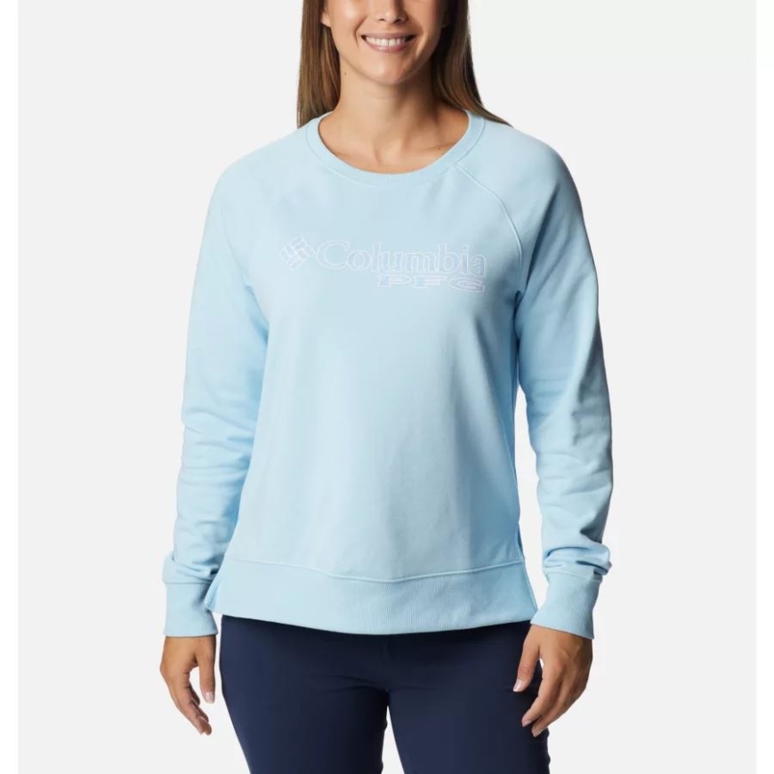 スプリング ブルー/パルメット グラフィック コロンビア レディース Pfg スラック ウォーター フレンチ テリー​​ クルー スウェットシャツ