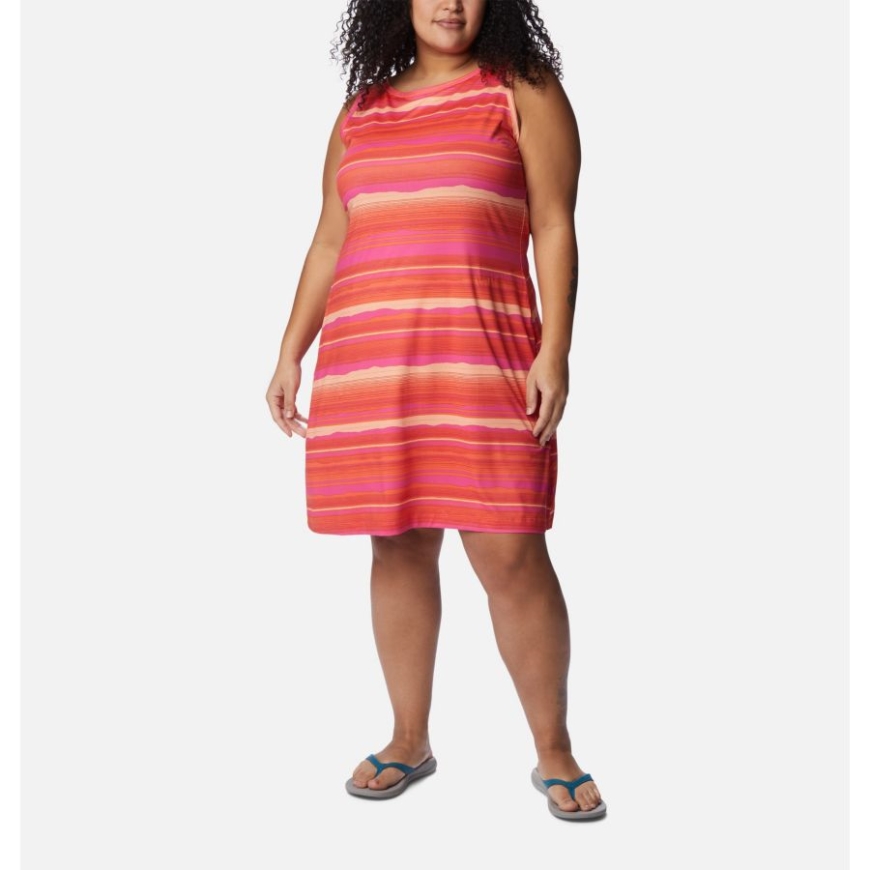 サンセット オレンジ/ホライゾン ストライプ コロンビア レディース チル リバー プリント ドレス プラスサイズ