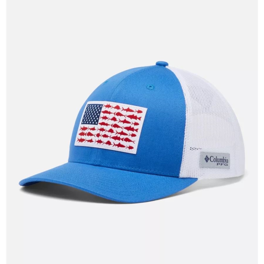 鮮やかなブルー/ホワイト コロンビア PFG フィッシュ フラッグ メッシュ スナップバック ミッド クラウン