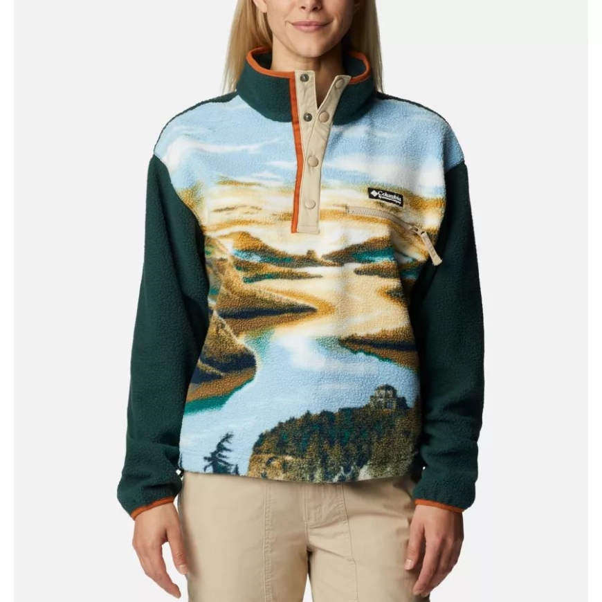 ウォーム コッパー Crg プリント/スプルース レディース ヘルベティア クロップド ハーフ スナップ フリース プルオーバー コロンビア