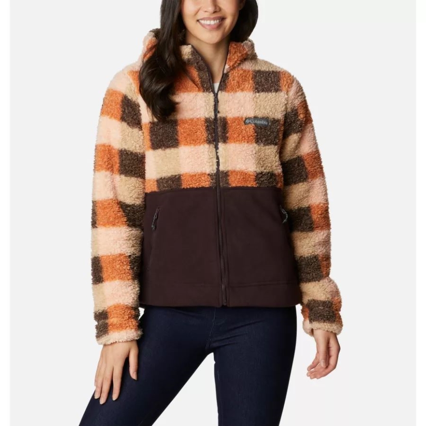 ウォーム コッパー チェック マルチ/ニュー シンダー コロンビア レディース ウィンター パス シェルパ フード付き フルジップ フリース ジャケット