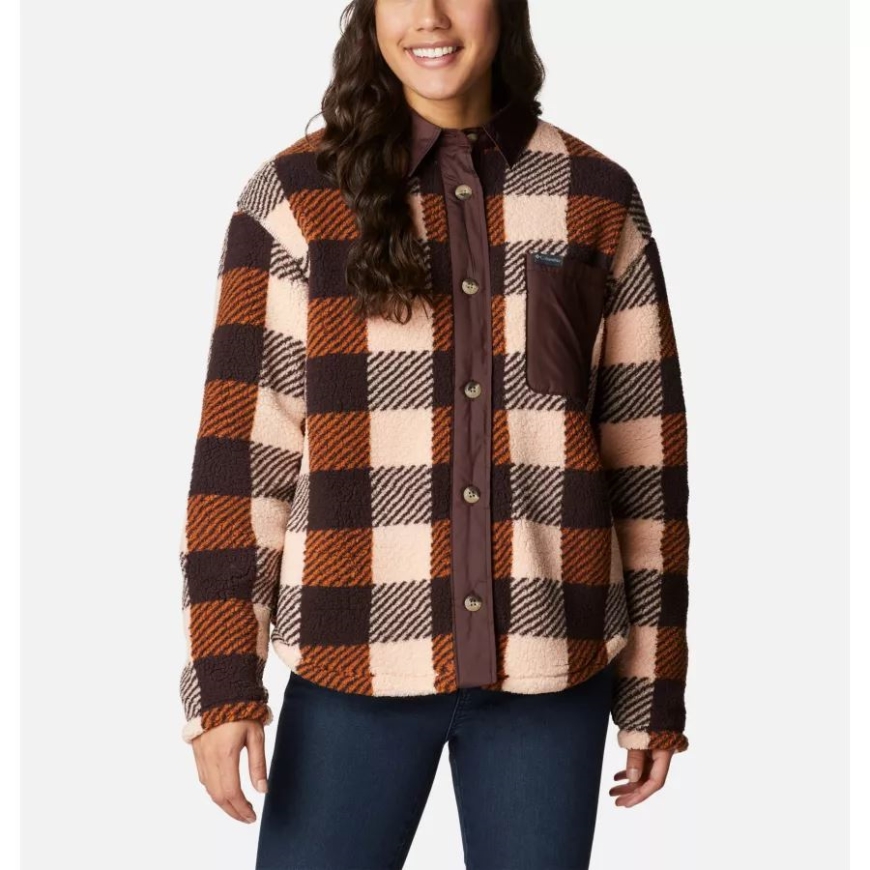 暖かい銅チェック マルチ プリント レディース ウエスト ベンド シャツ ジャケット コロンビア