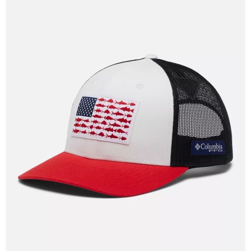 ホワイト/カレッジエイト ネイビー/レッド スパーク PFG フィッシュ フラッグ メッシュ スナップバック ミッド クラウン コロンビア