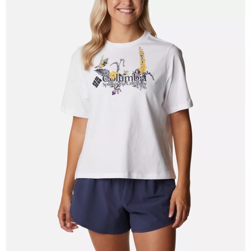 ホワイト/フィールドクリーク グラフィック コロンビア レディース ノース カスケード リラックス Tシャツ