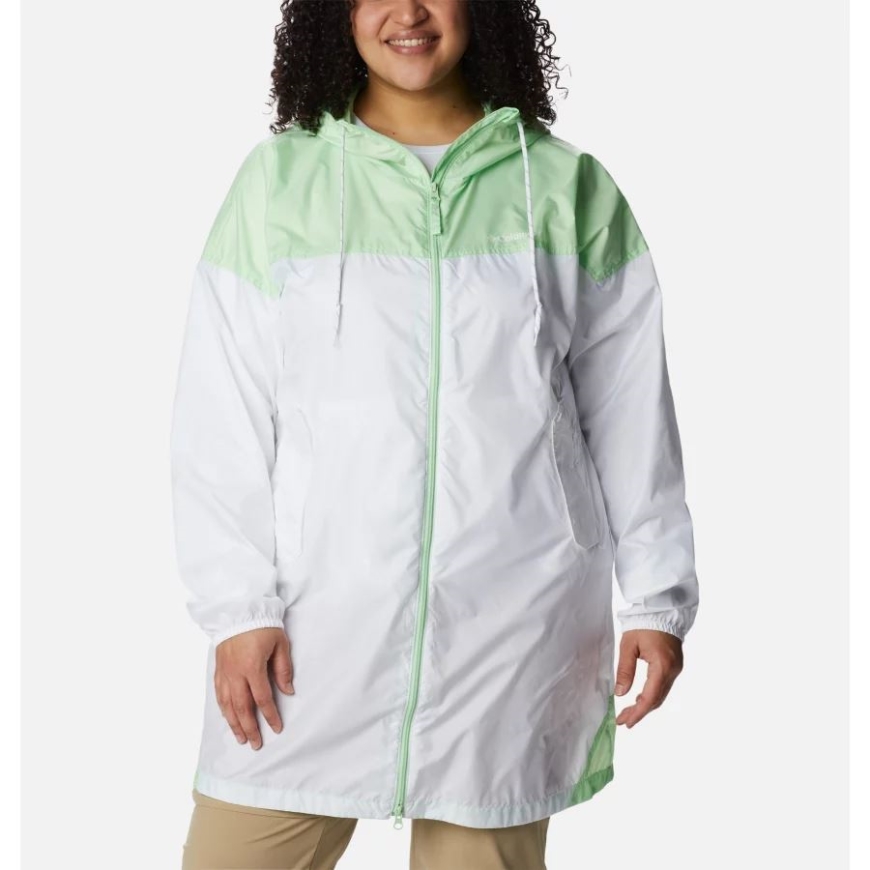 ホワイト/キーウェスト レディース フラッシュ チャレンジャー ロング ウインドブレーカー プラスサイズ コロンビア