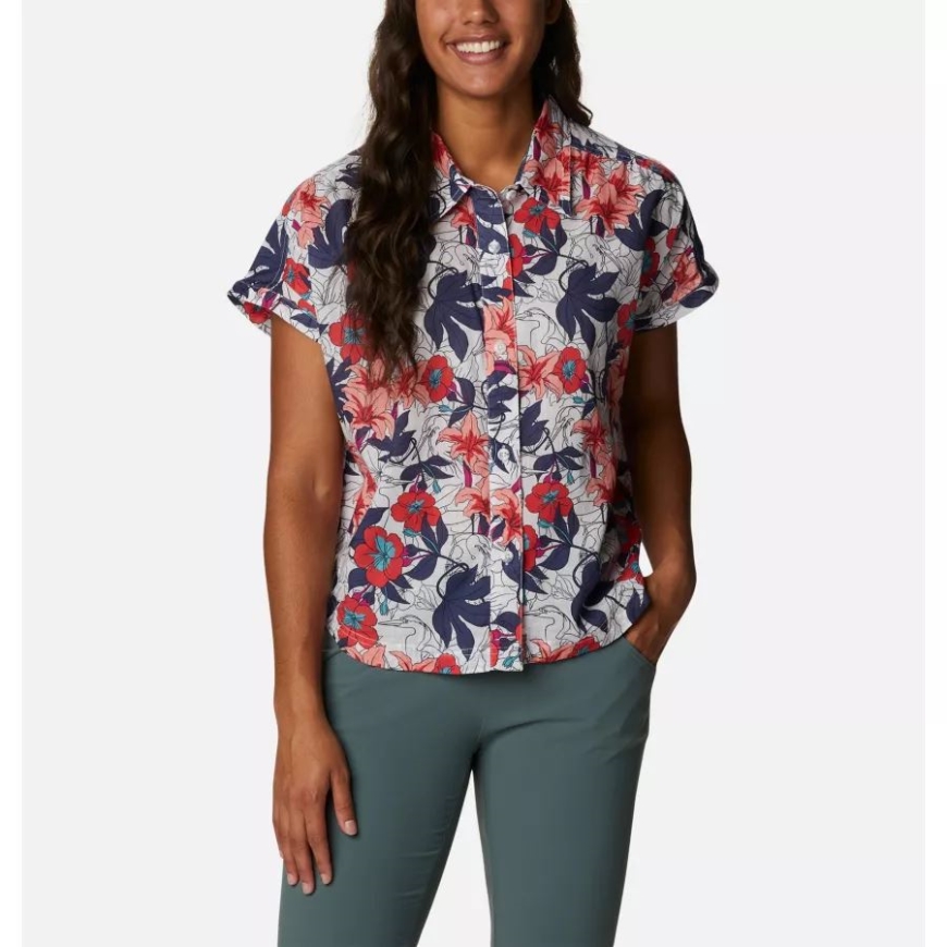 ホワイト レイクショア フローラル マルチ レディース キャンプ ヘンリー Iv カジュアル ショート スリーブ シャツ コロンビア