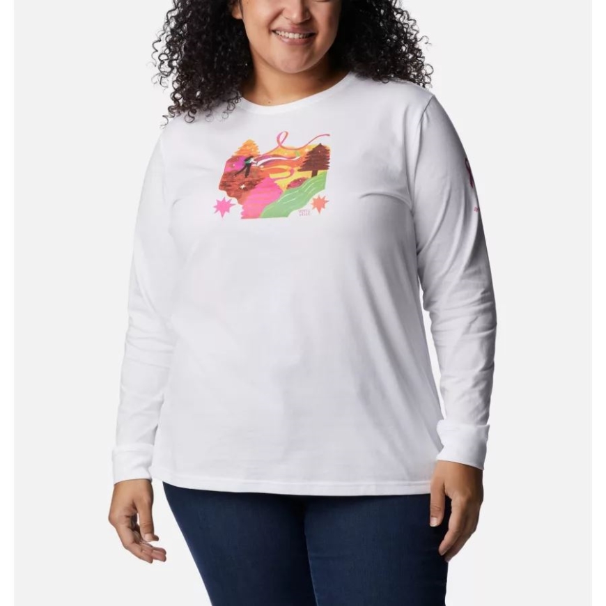 ホワイト/ラブイズ リボン コロンビア ウィメンズ テスト済み タフ イン ピンク グラフィック ロングスリーブ ティー Ii プラスサイズ