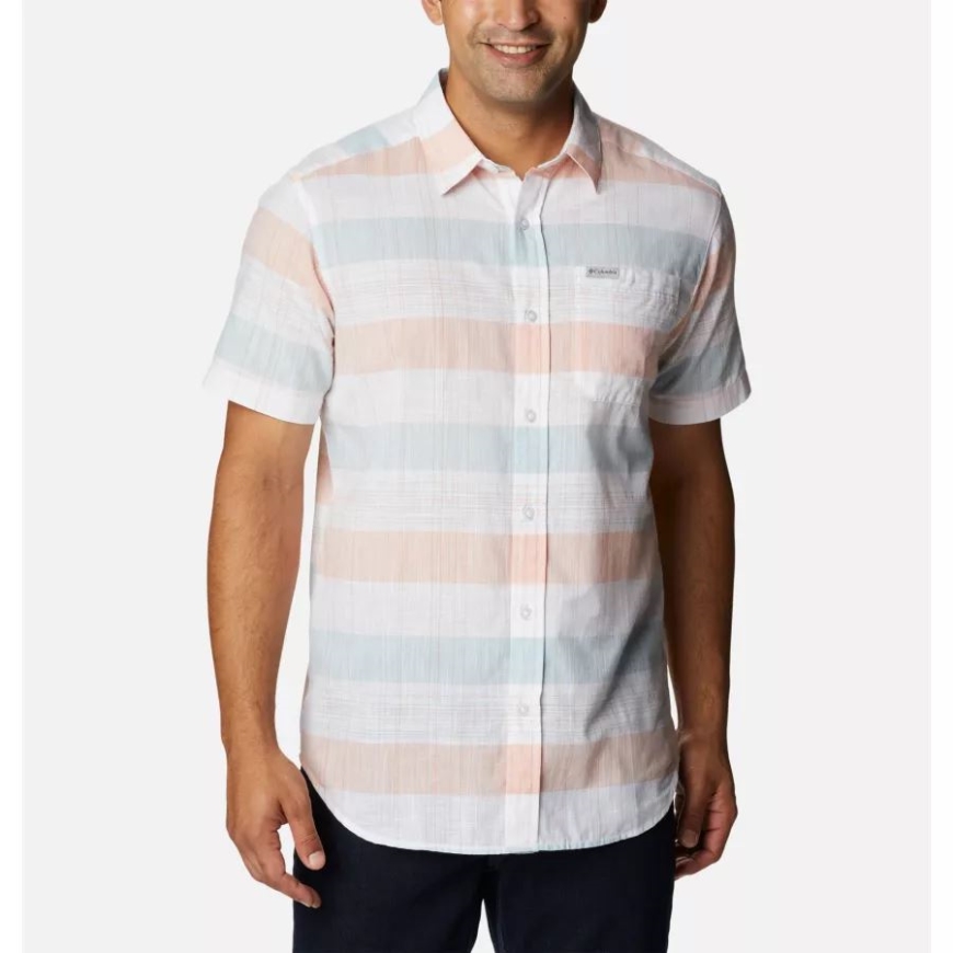 ホワイト スキャッタ ストライプ メンズ ラピッド リバーズ ノベルティ ショート スリーブ シャツ コロンビア