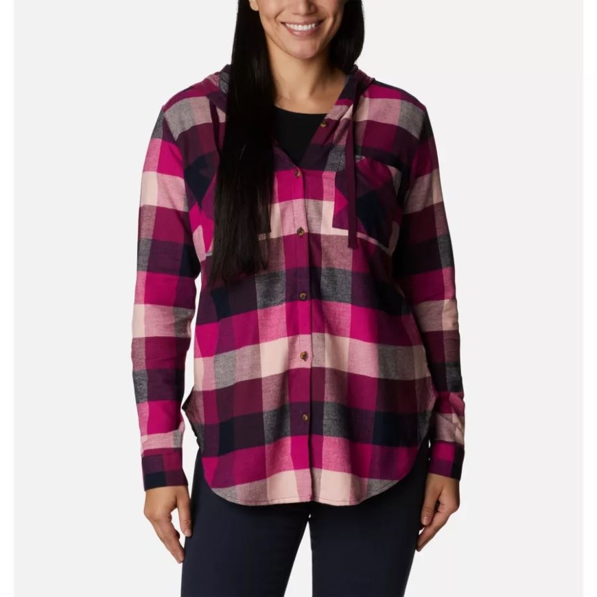 ワイルド フクシア バッファロー チェック レディース いつでもストレッチ フード付き 長袖 シャツ コロンビア