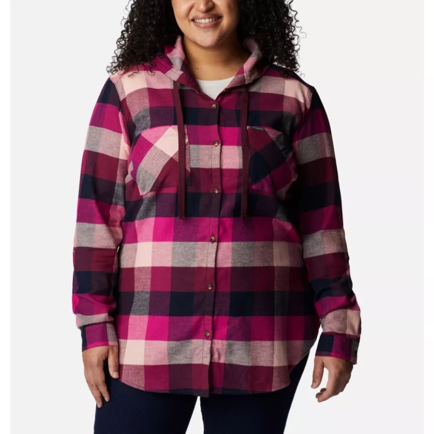 女性のいつでもストレッチ フード付き長袖シャツ プラス サイズ コロンビア ワイルド フクシア バッファロー チェック