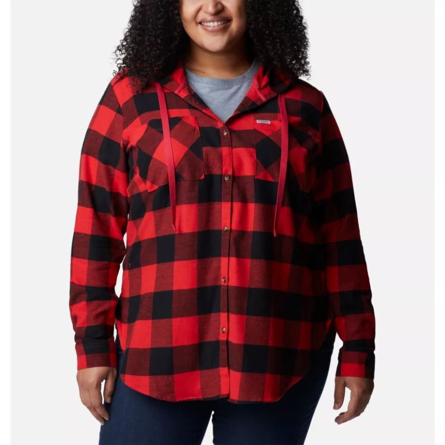 レディース いつでもストレッチ フード付き長袖シャツ プラスサイズ レッド リリー バッファロー チェック コロンビア