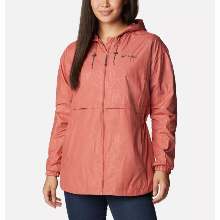 女性のオーロラス ウェイク III フード付きジャケット コロンビア ダークコーラル リーフィー ライン エンボス