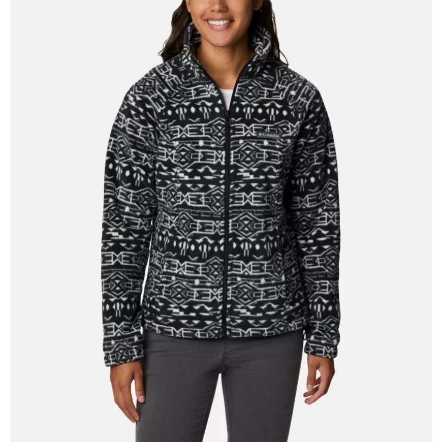 レディース ベントン スプリングス プリント フルジップ フリース ジャケット コロンビア ブラック 80年代ストライプ