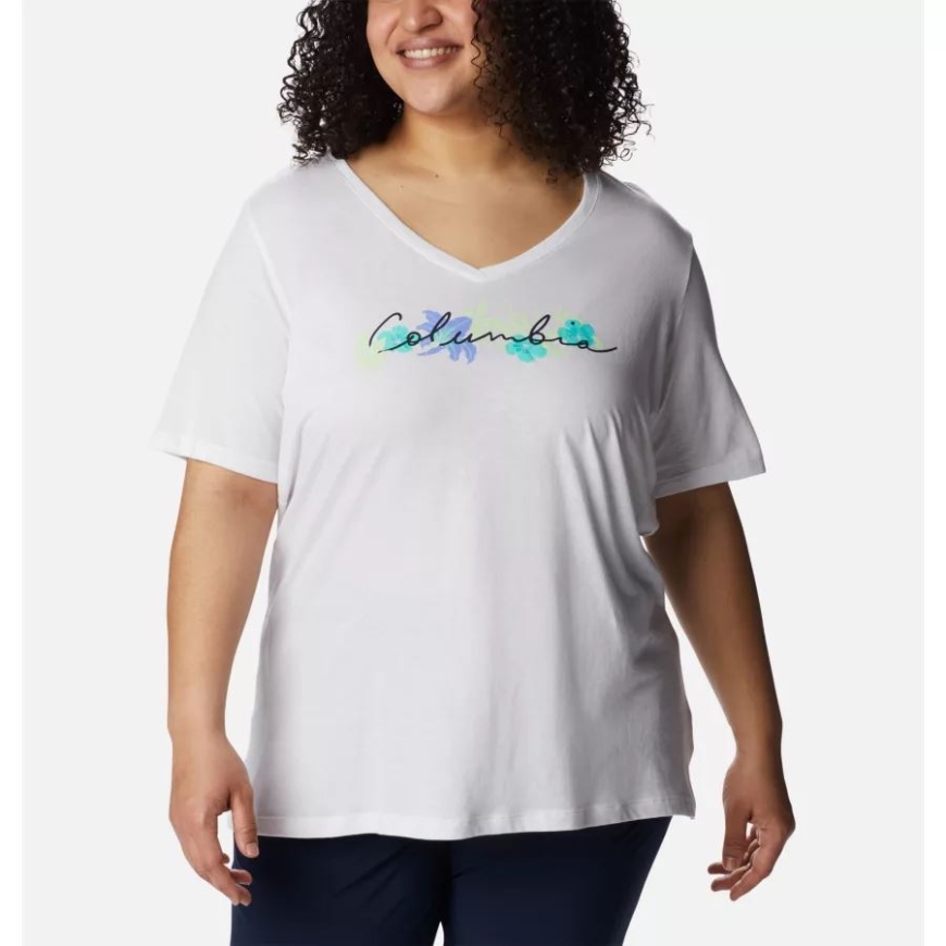 レディース ブルーバード デイ リラックス Vネック シャツ プラスサイズ コロンビア ホワイト/レイクショア フローラ