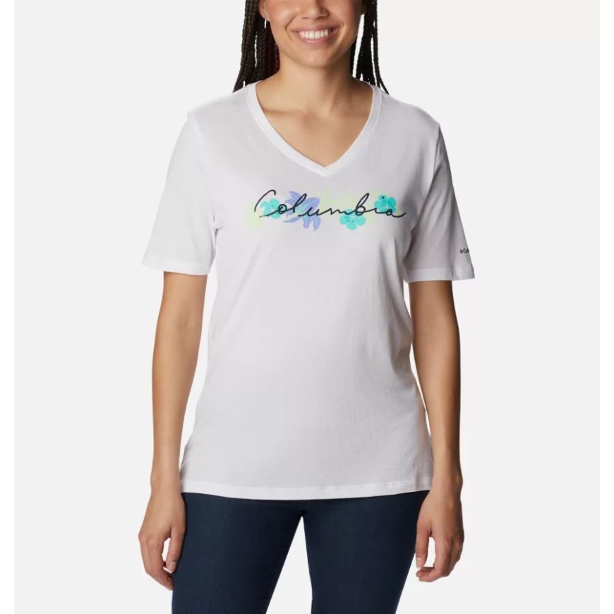 レディースブルーバードデーリラックスVネックシャツホワイト/レイクショアフローラコロンビア