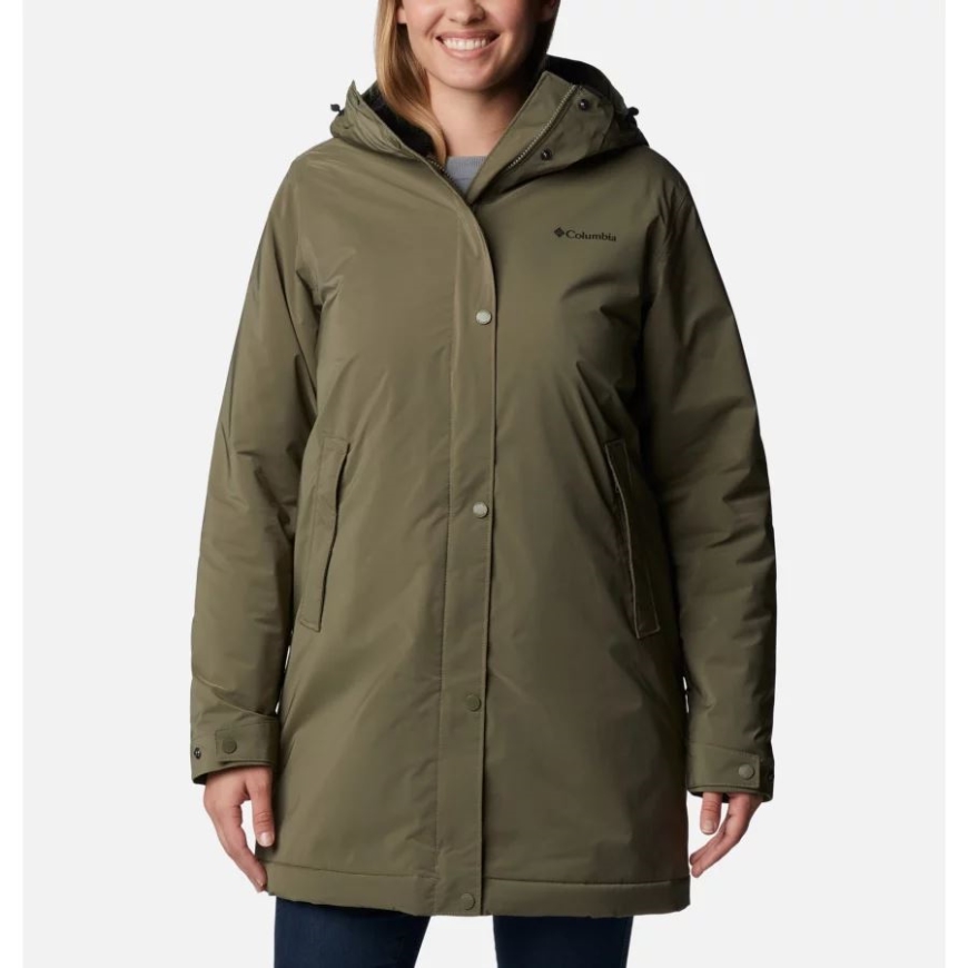 女性用クレルモン裏地付きレインジャケットコロンビアストーングリーン