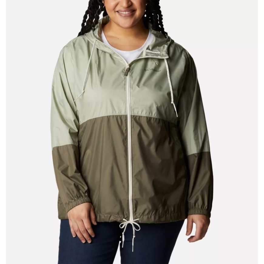 女性用フラッシュ フォワード ウインドブレーカー ジャケット プラス サイズ コロンビア サファリ/ストーン グリーン