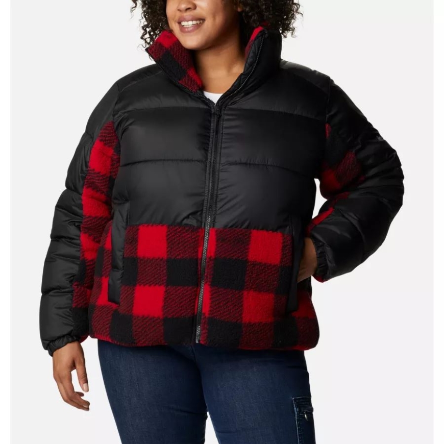 レディース リードベター ポイント シェルパ ハイブリッド ジャケット プラスサイズ コロンビア ブラック/レッド バッファロー チェック柄プリント