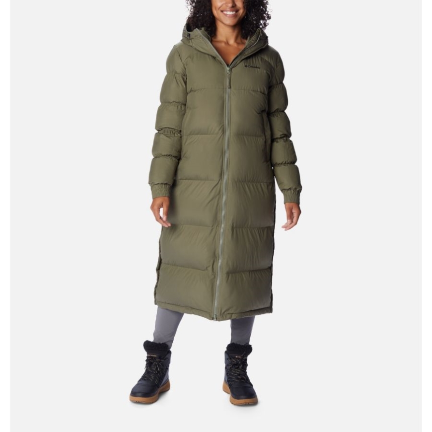 レディースパイクレイク断熱フード付きロングパファージャケットコロンビアストーングリーン/オリーブグリーン