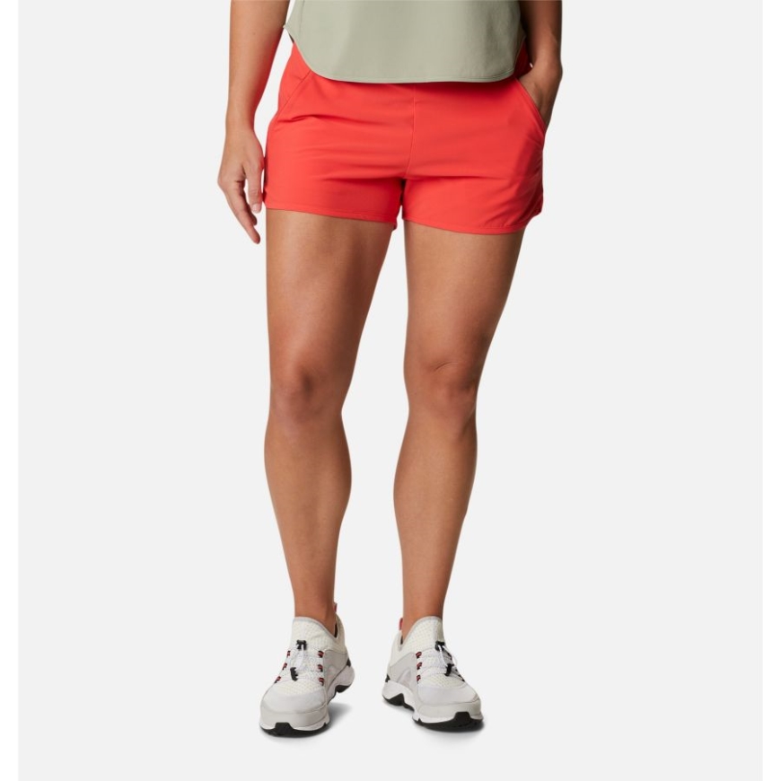 女性用快適クリーク ストレッチ ショーツ コロンビア レッド ハイビスカス