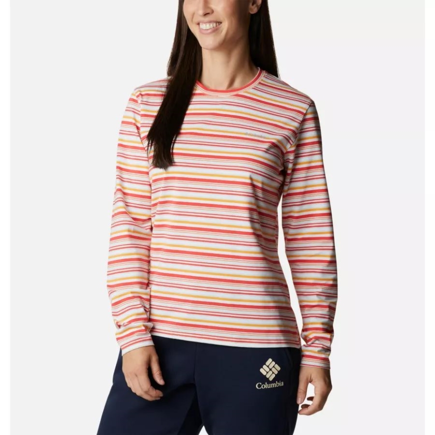 女性用サントレック柄長袖Tシャツサンゴ礁マルチサンライズストライプコロンビア