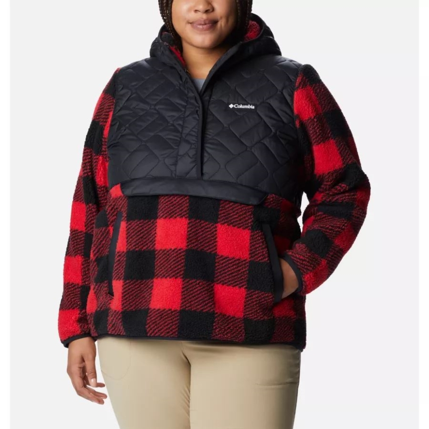 レディース スウィート ビュー フード付きフリース プルオーバー プラス ブラック/レッド リリー チェック コロンビア